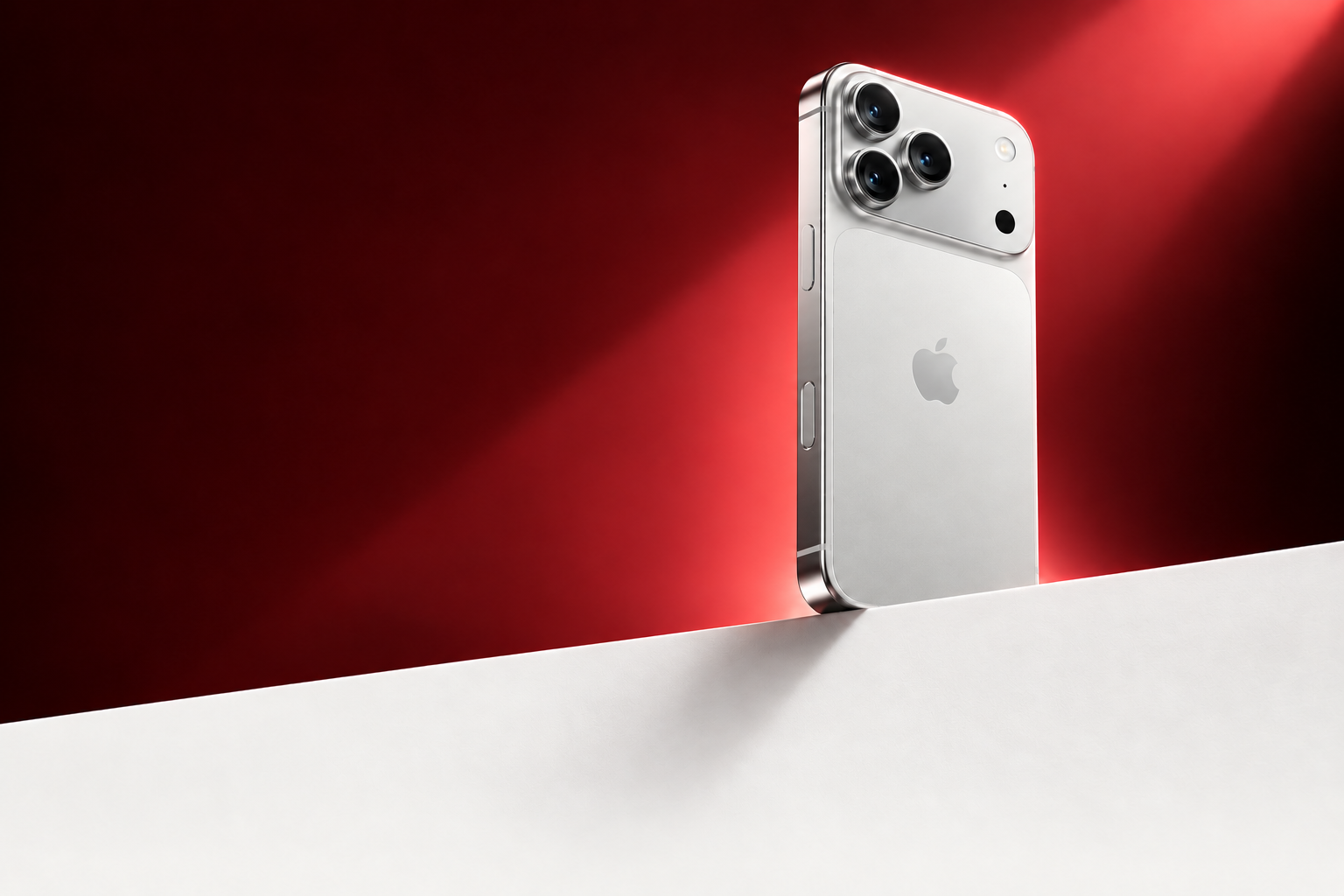 Серебристый iPhone 18 Pro на светлом постаменте — рекламная иллюстрация